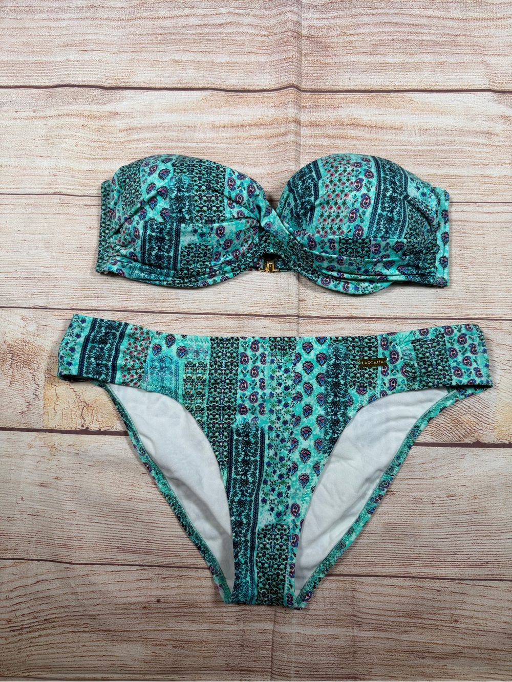 Turquoise Patterned Bandeau Bikini Set - Women Swim‎